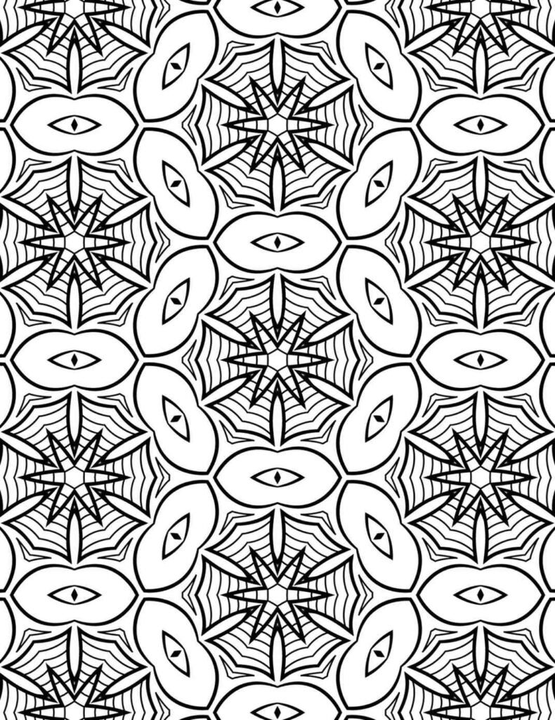 Intricate hypnotic starburst mandala pattern with radiating lines and eye-shaped motifs, perfect for detailed coloring and meditation.