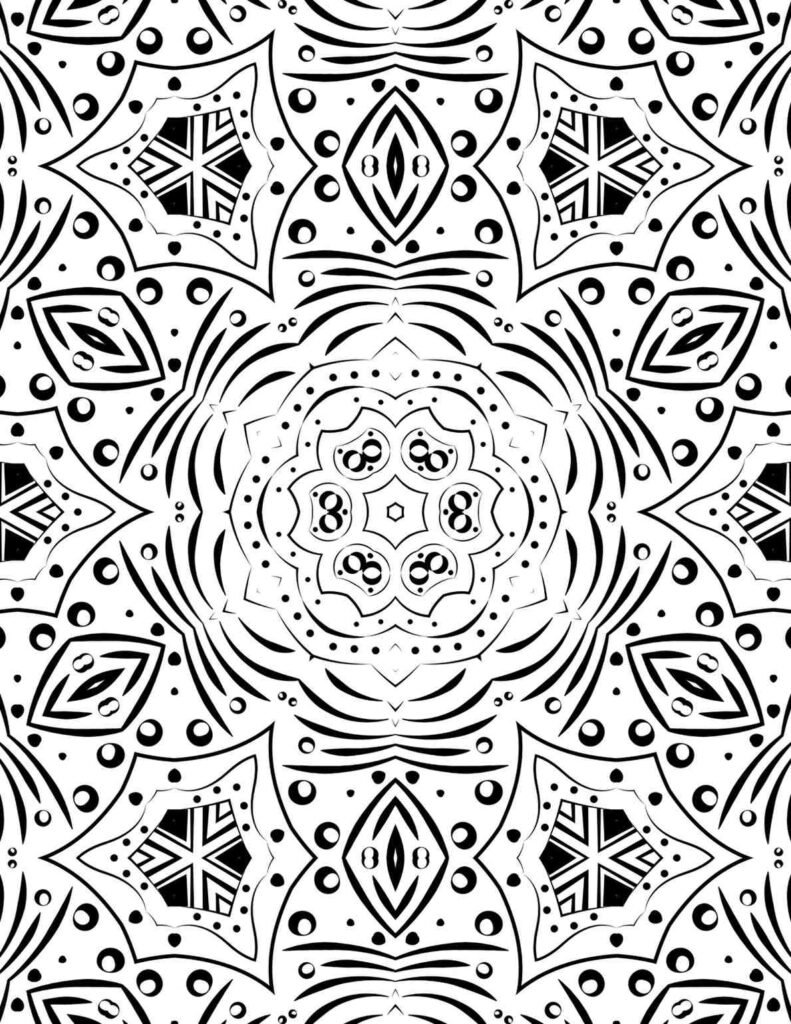 Mesmerizing mandala with wave-like patterns, central circular symmetry, and eye-shaped geometric accents