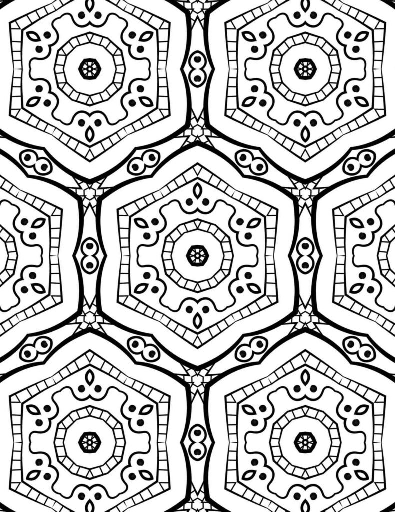 Geometric mandala pattern with repeating hexagonal blooms, perfect for intricate coloring and mindful relaxation.