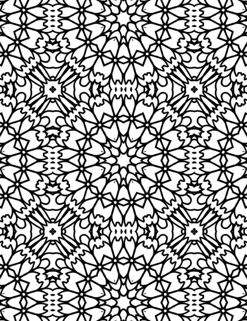 Highly detailed black and white geometric mandala with repeating star and floral-inspired patterns for adult mindfulness coloring.