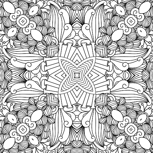 Detailed symmetrical mandala with a central geometric core, surrounded by repeating organic shapes like leaves, spirals, and stylized floral elements, perfect for mindful coloring.