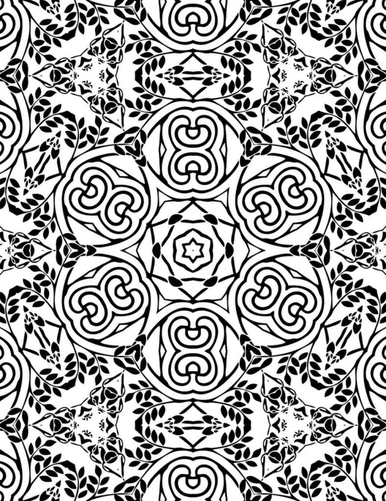 Black and white mandala design with infinity loop symbols, star-shaped center, and surrounding leaf and petal motifs for coloring and decor.