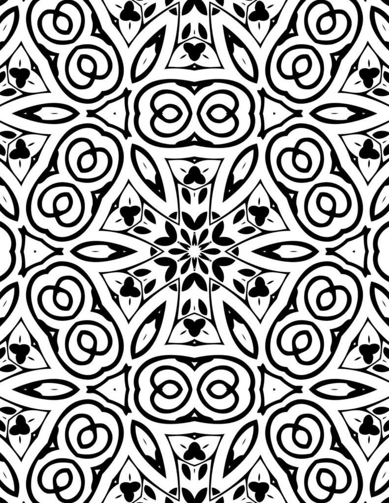 Black and white mandala featuring infinity loops, petal motifs, and leaf-shaped elements for mindful coloring and art therapy
