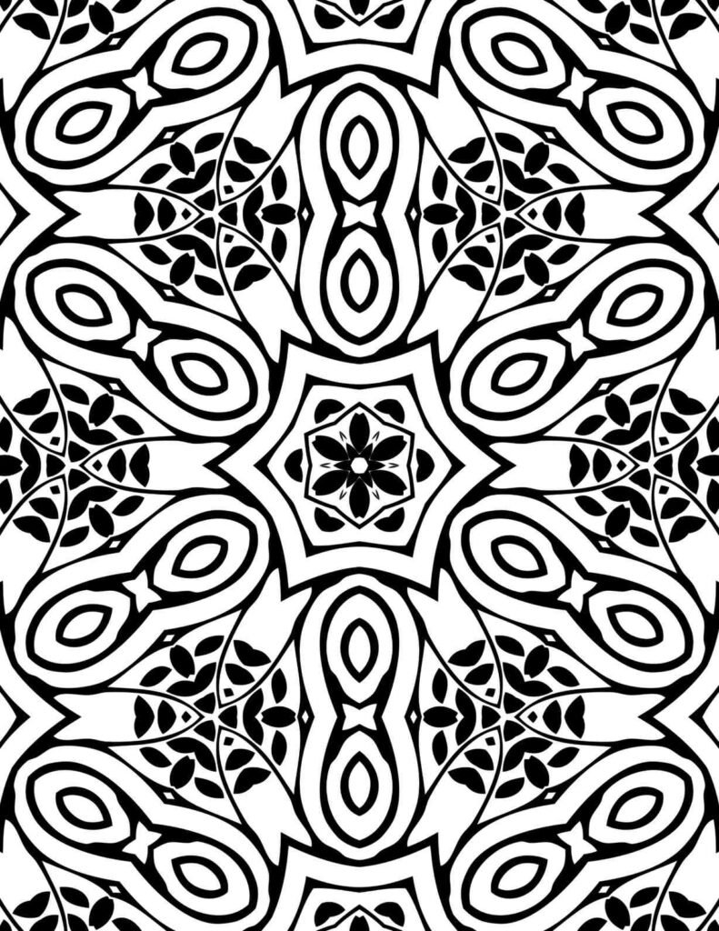 Infinity loop mandala with petal motifs and curved geometric patterns in black and white