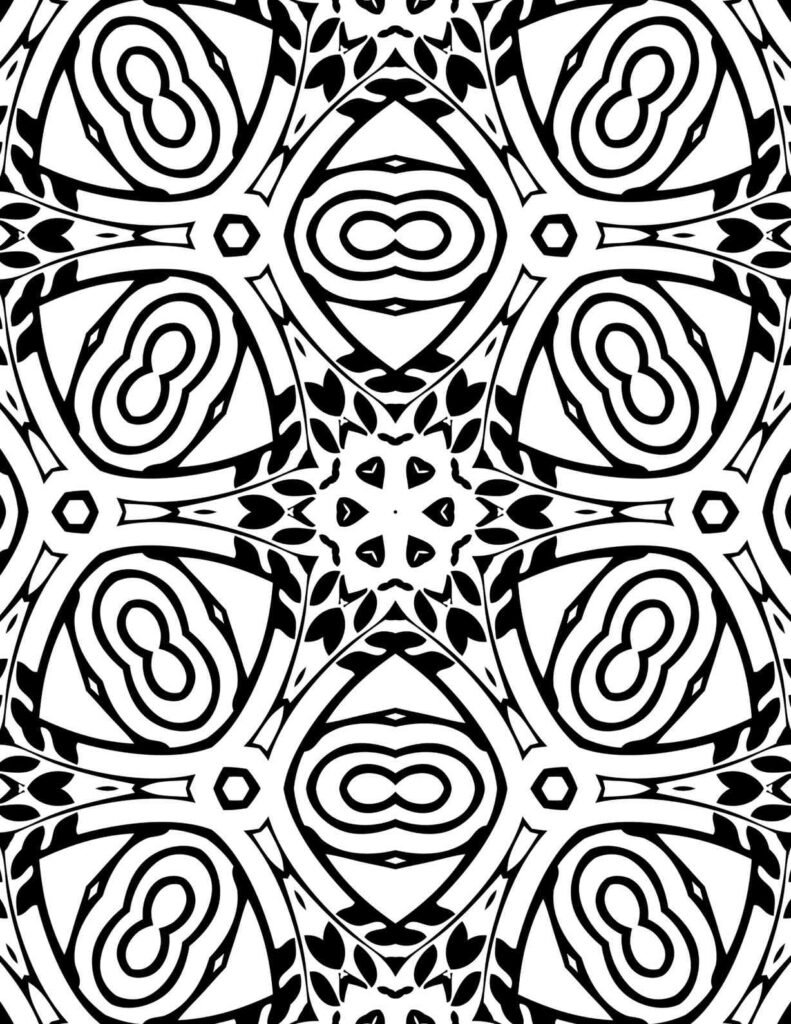 Infinity symbol-inspired mandala with leaf patterns and geometric symmetry in black and white