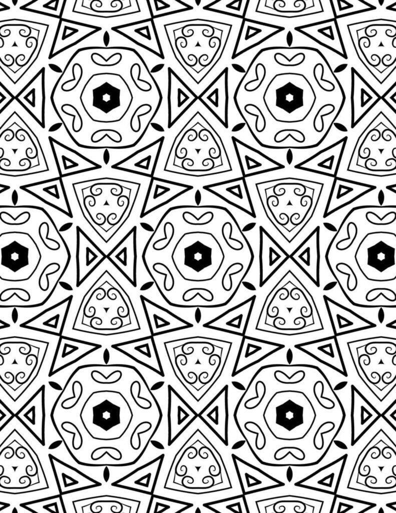 Intricate interlocking geometric mandala pattern with black hexagons, swirling curves, and sharp triangles for mindful coloring and focus.