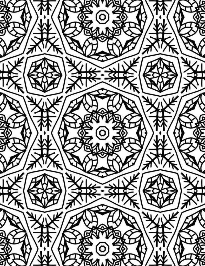 Bold geometric mandala coloring page with repeating star and diamond patterns, ideal for improving concentration and relaxation.