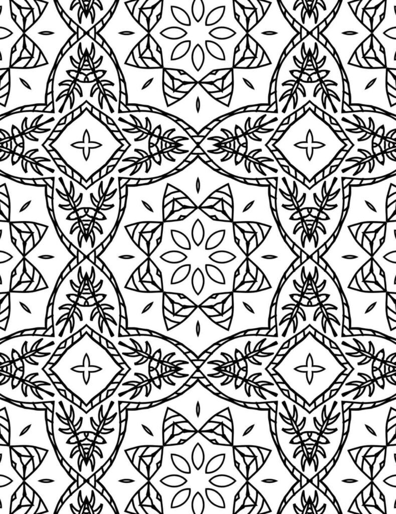 Symmetrical mandala coloring page featuring repeating patterns of flowing vines, leaves, and abstract floral elements, ideal for relaxation and natural mindfulness.