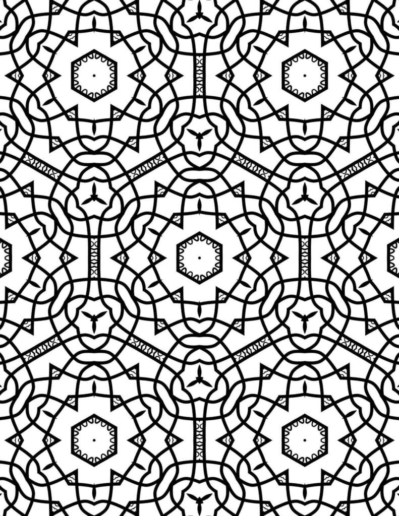 Geometric mandala with interlocking curved lines, hexagonal centers, and intricate lattice patterns in black and white