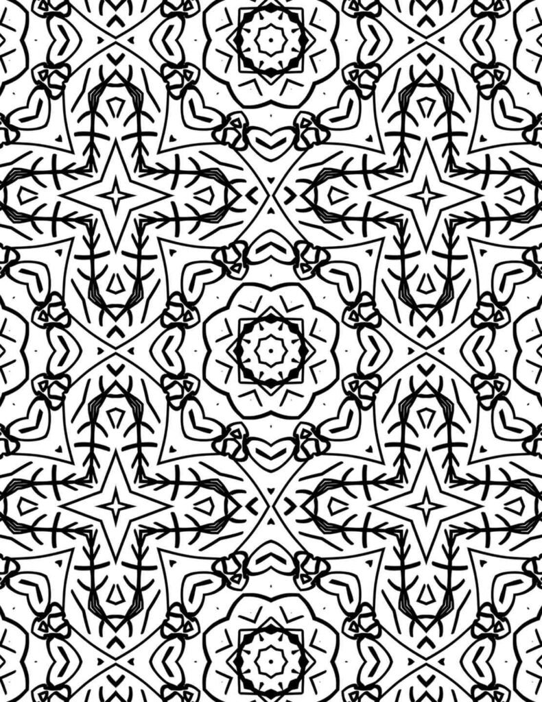 Free printable interwoven journey mandala coloring page with unique curved lines, geometric stars, and repeating patterns for meditative art and adult relaxation.
