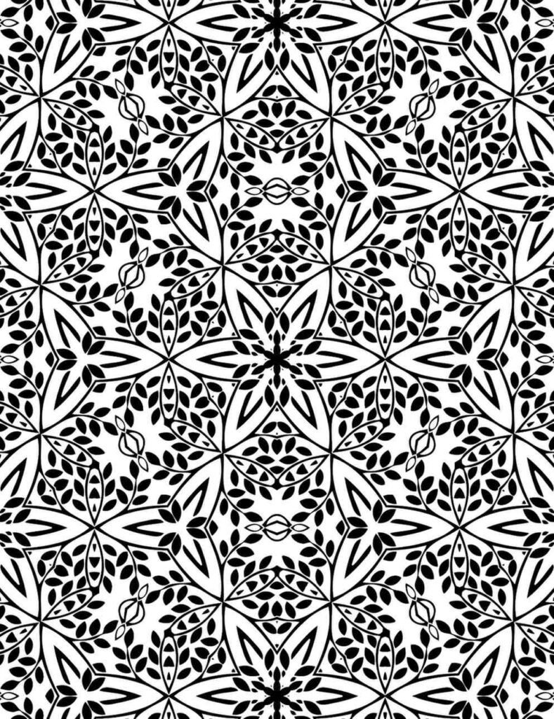 Black and white geometric mandala with petal and leaf patterns in symmetrical floral arrangement