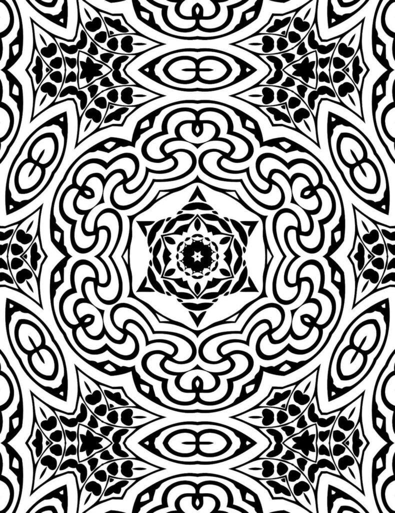 Intricate interwoven petal mandala design in black and white with symmetrical floral and knotwork patterns