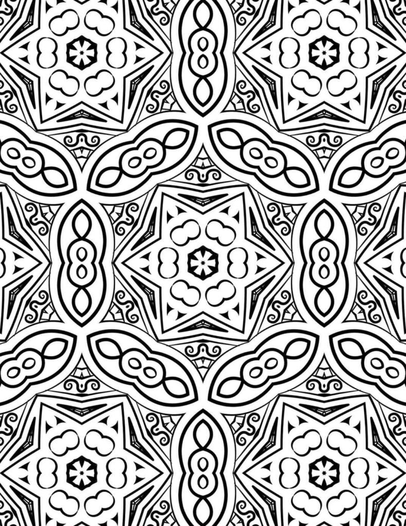 Black and white interwoven mandala with layered petal and star patterns, ideal for coloring, meditation, and decorative crafts.