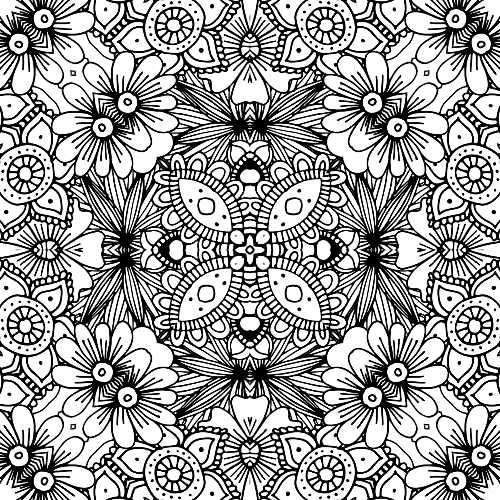 Detailed mandala coloring page featuring a central geometric floral design surrounded by layers of blossoming elements.