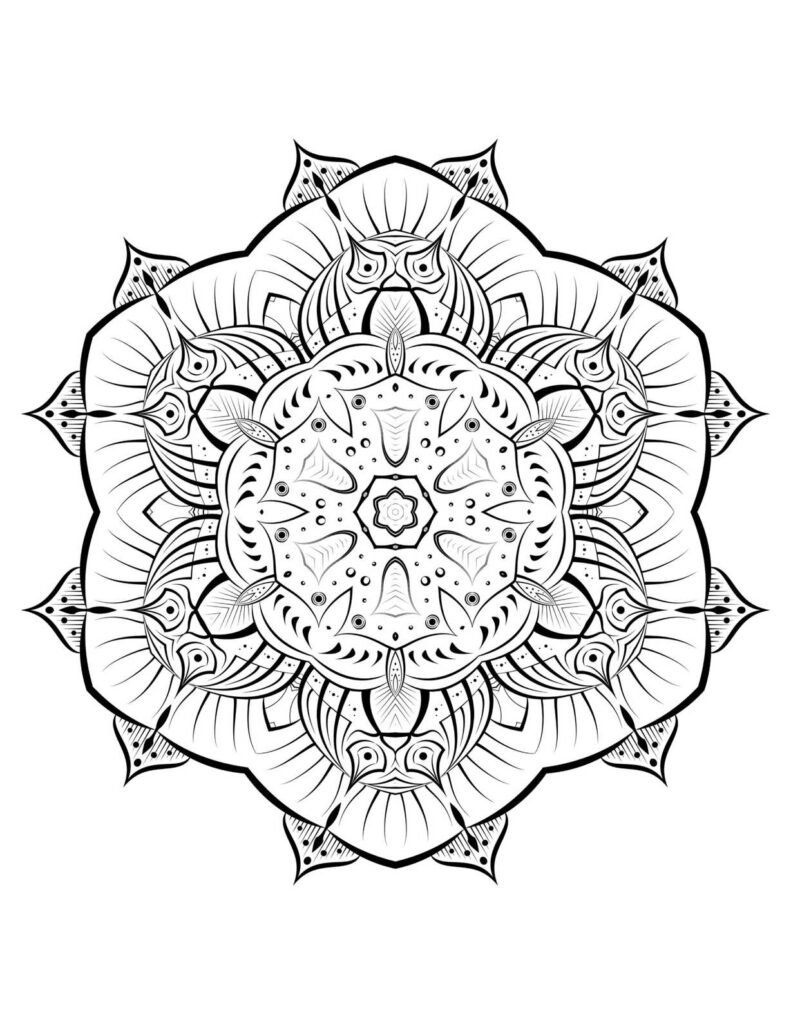 Symmetrical black and white tribal-inspired lotus mandala with a clear, open central circle, radiating pointed petal shapes, and intricate dot patterns, perfect for mindful adult coloring