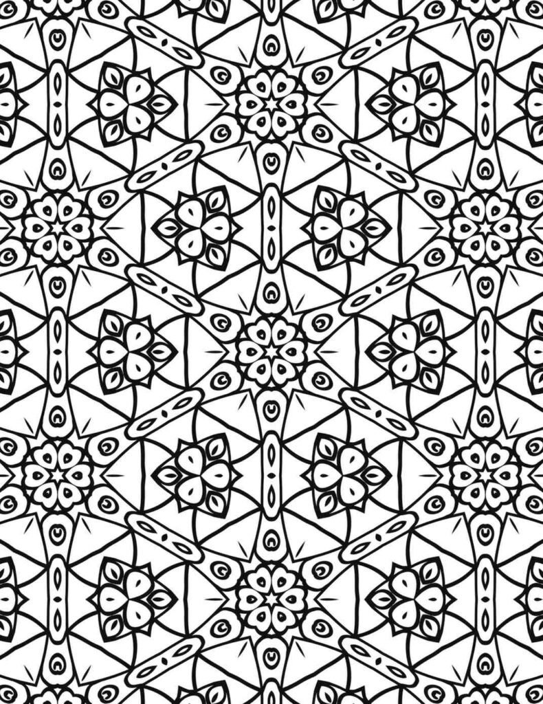 Intricate black and white floral star mandala design with symmetrical patterns for coloring and meditation