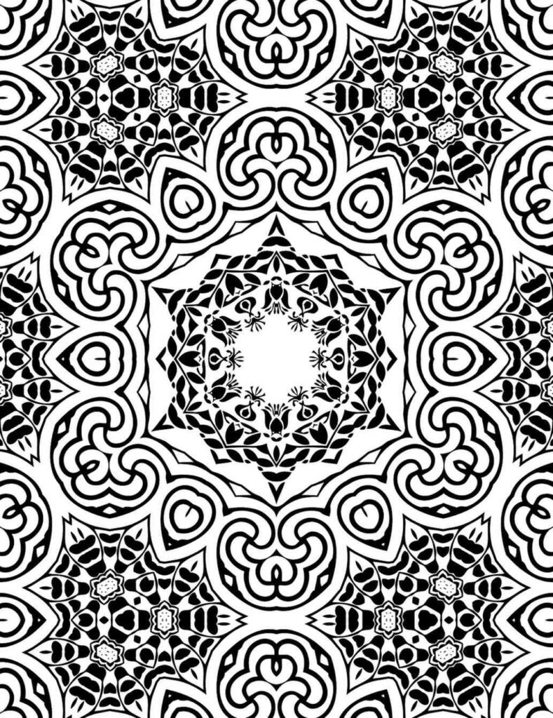 Black and white mandala design with floral starbursts and swirling geometric patterns