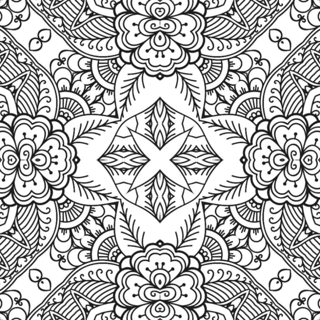Highly detailed black and white square mandala featuring symmetrical floral and leaf patterns, stylized paisleys, intricate borders, and a star-like central motif, ideal for adult coloring.