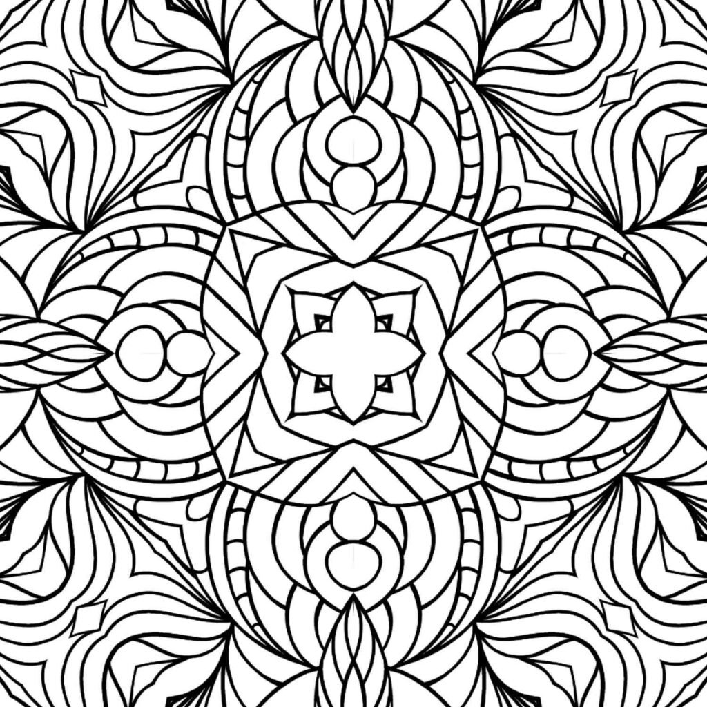 Complex geometric mandala with symmetrical floral and wave patterns, ideal for mindful coloring and stress relief.