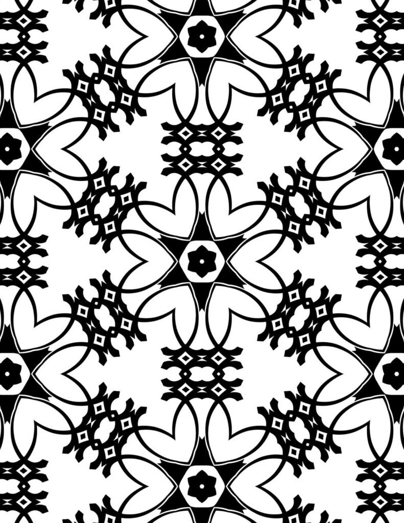 Black and white symmetrical mandala with heart-shaped patterns and floral geometric details for coloring and meditation.