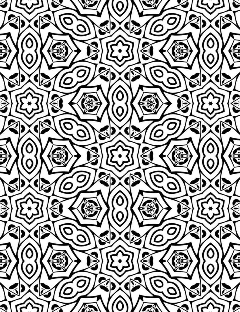 Highly detailed symmetrical mandala with repeating starbursts, intricate interwoven lines, and bold eye-shaped motifs, perfect for advanced coloring and deep focus.