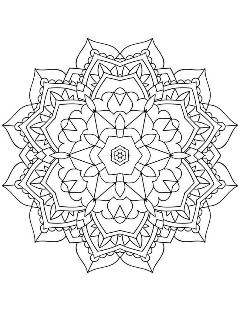 Highly detailed symmetrical mandala with overlapping geometric and floral patterns, black and white design for advanced adult coloring