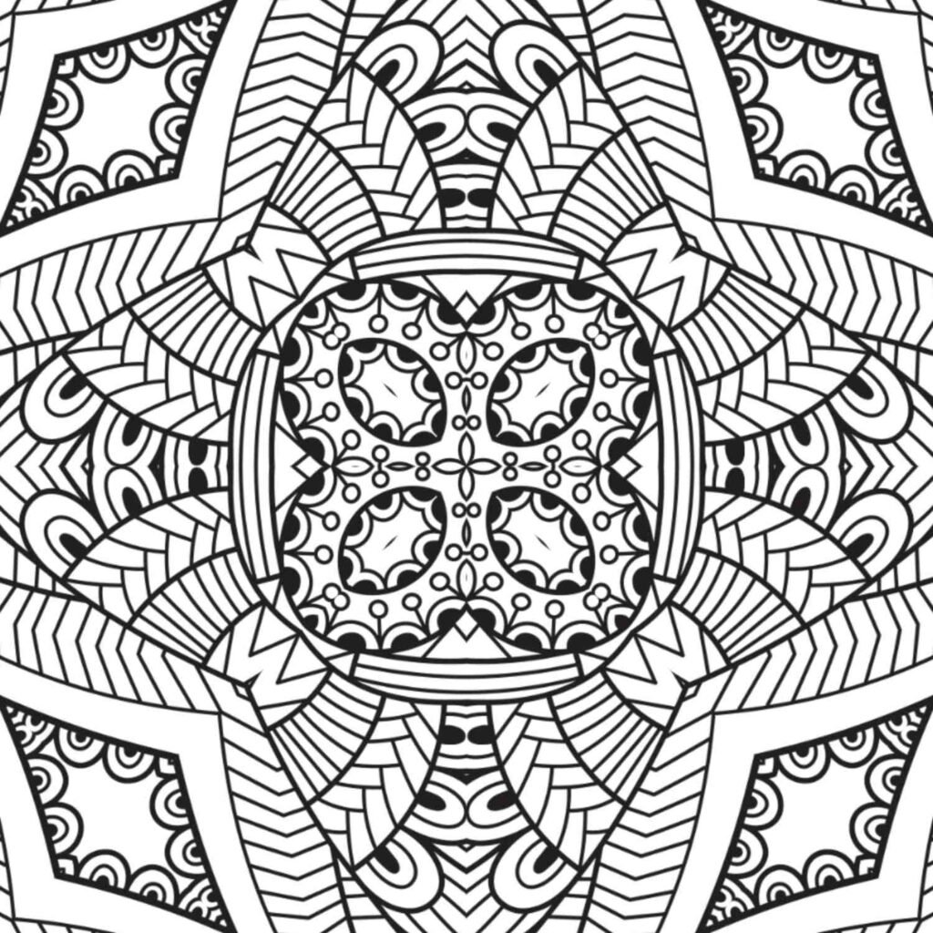 Complex layered geometric mandala with central square, star motifs, and radiating patterns, perfect for mindful coloring and intricate detail work, available for free download.