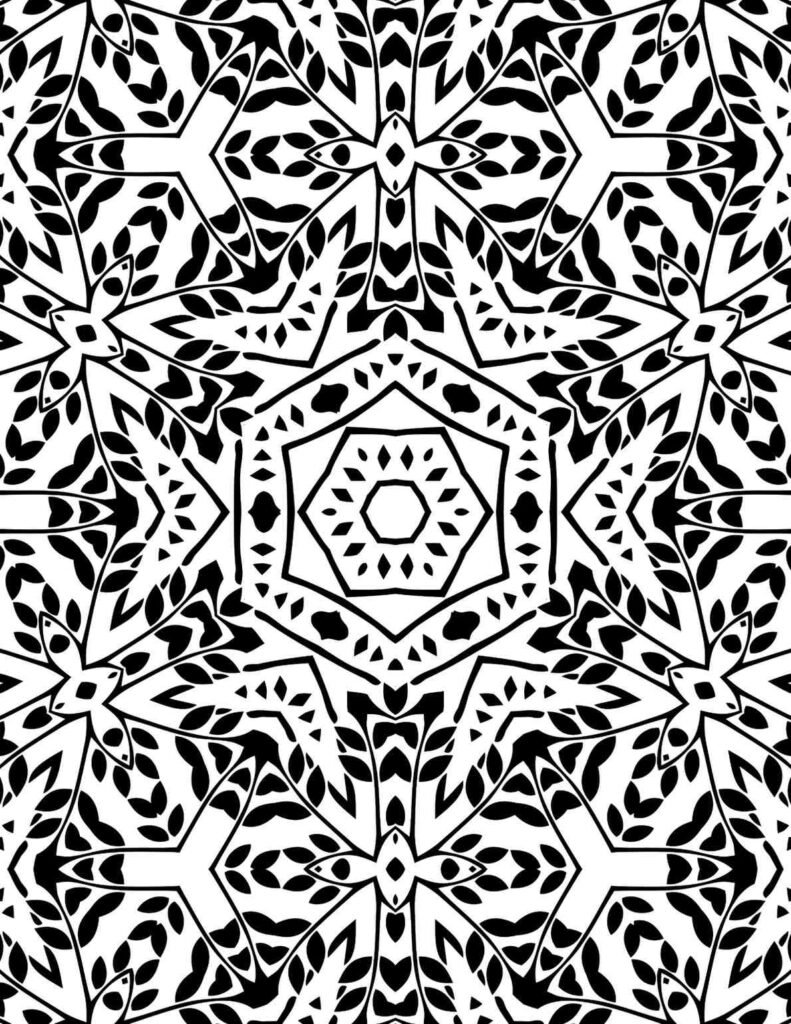 Black and white intricate leaf harmony mandala with geometric patterns and leafy designs for coloring and mindfulness.