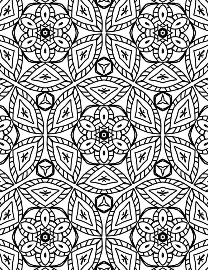 Detailed black and white intricate leaf mandala with floral patterns for coloring and mindfulness