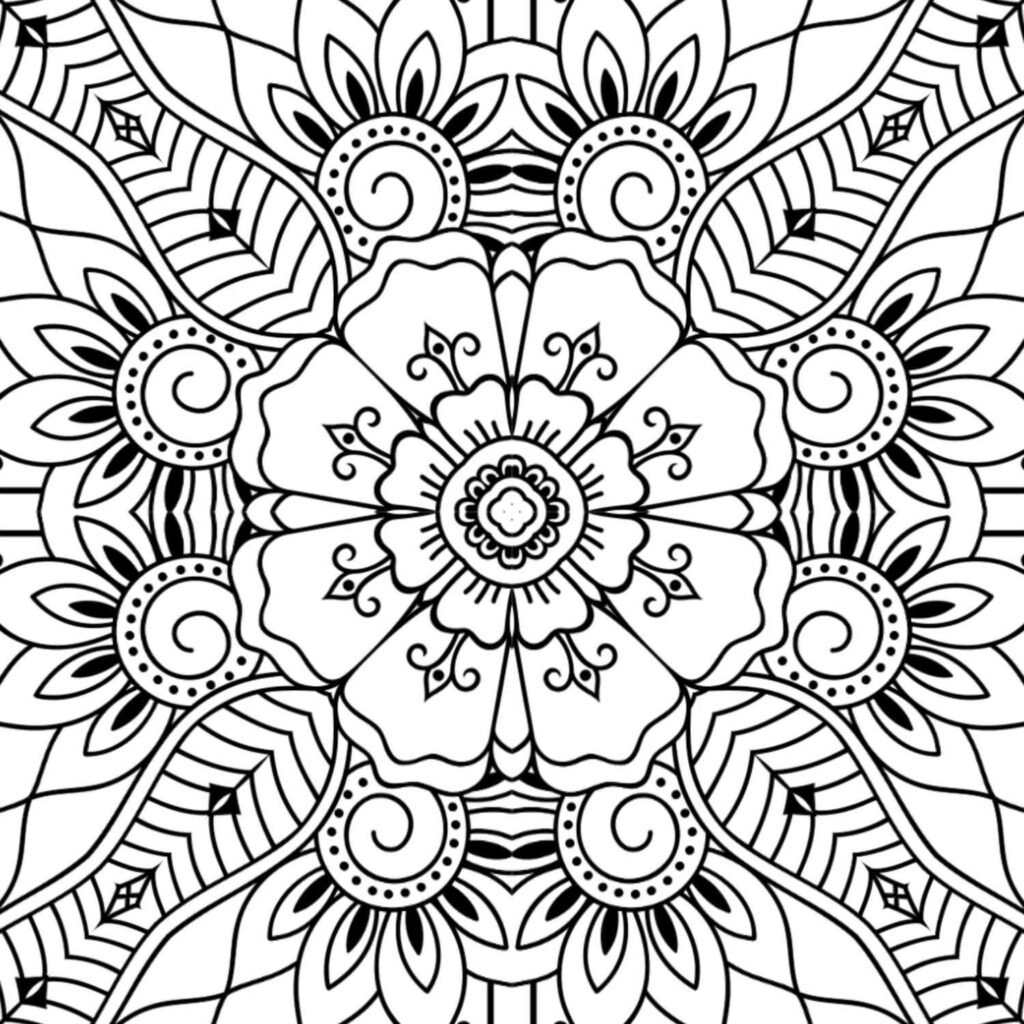 Highly intricate petal bloom mandala coloring page with detailed floral patterns and elegant swirls, perfect for deep meditative focus.