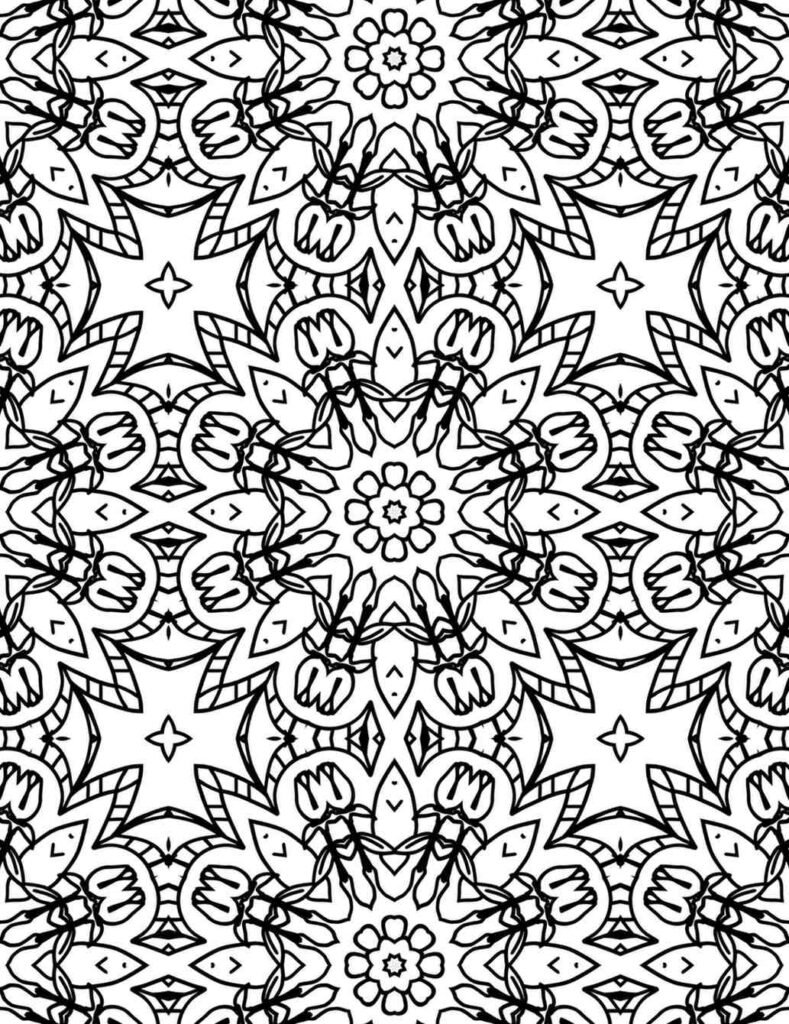 Highly detailed black and white mandala with layered floral and geometric motifs, ideal for advanced coloring and meditation.