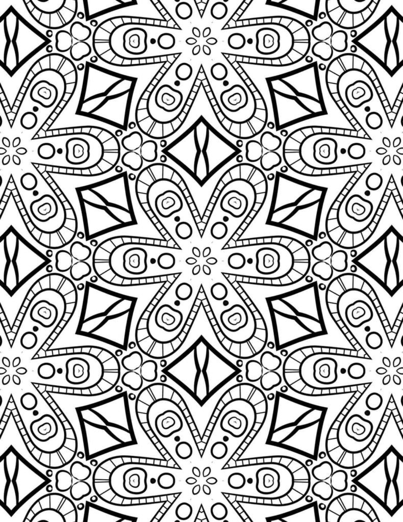 Detailed intricate petal mandala with prominent six-petal flowers, layered internal patterns, and angular shield-like connectors for mindful coloring.