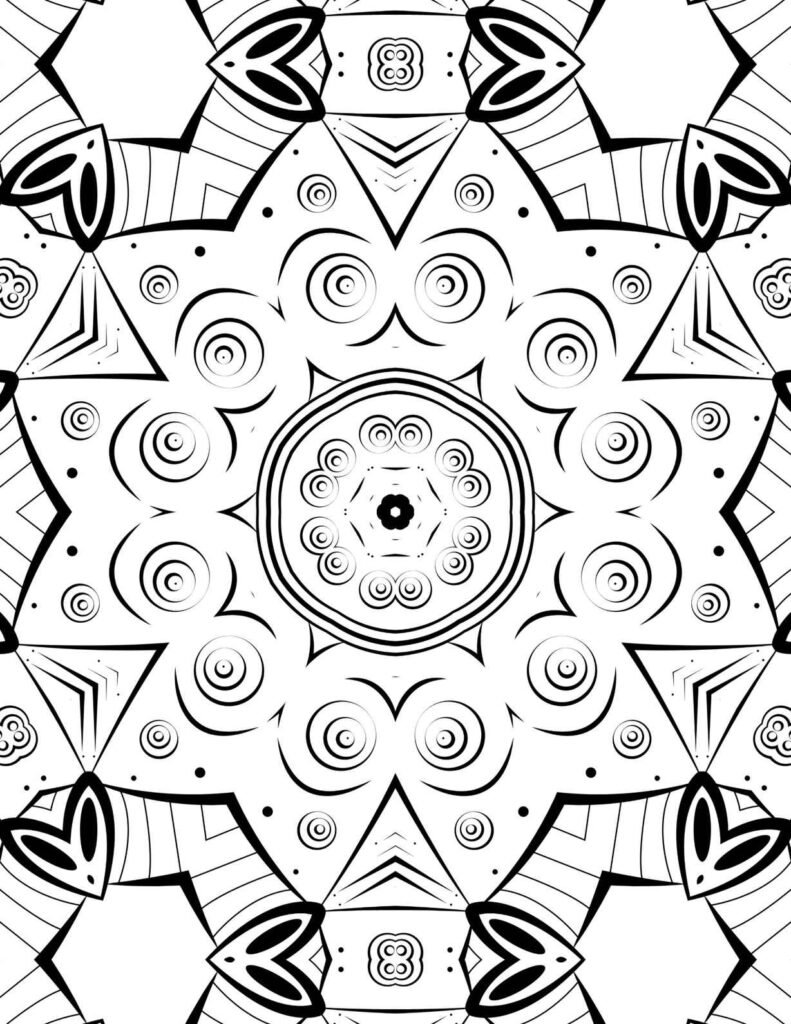 Black and white intricate mandala with petal shapes, swirl patterns, and layered geometric symmetry
