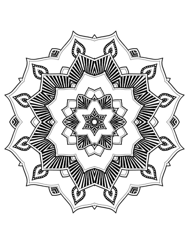 Symmetrical star-shaped mandala with detailed radiating patterns, textured petals, and a central star, black and white design for meditative coloring