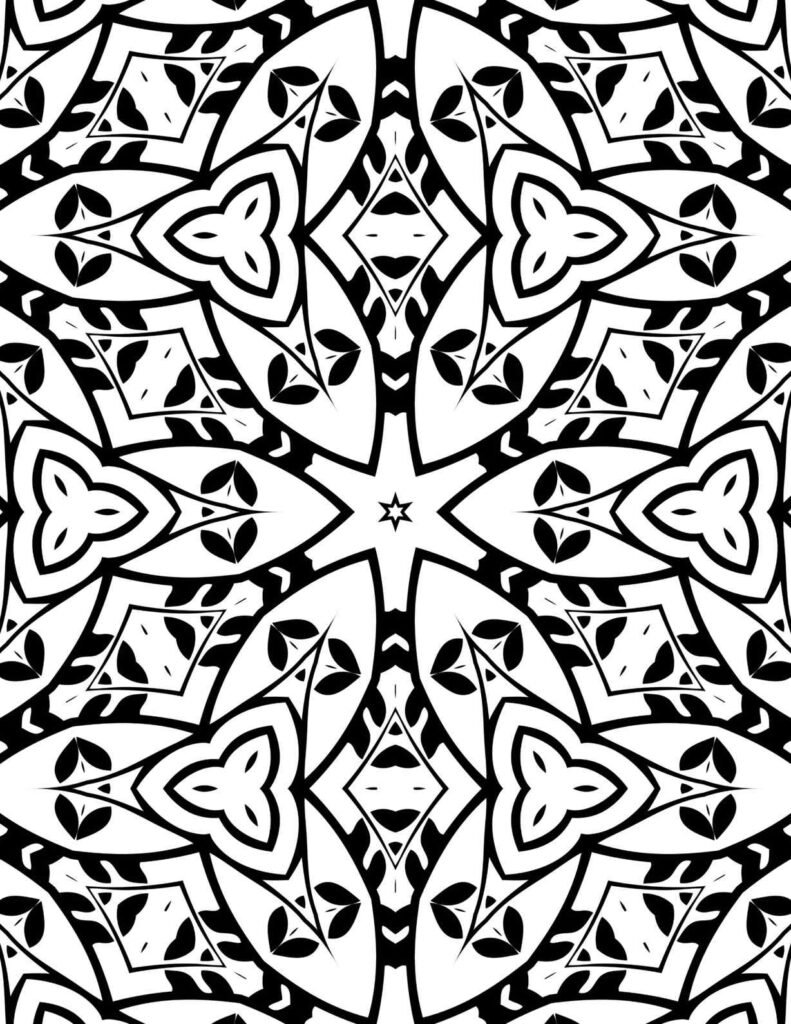 Detailed black and white geometric starburst mandala design for mindful coloring and focus.