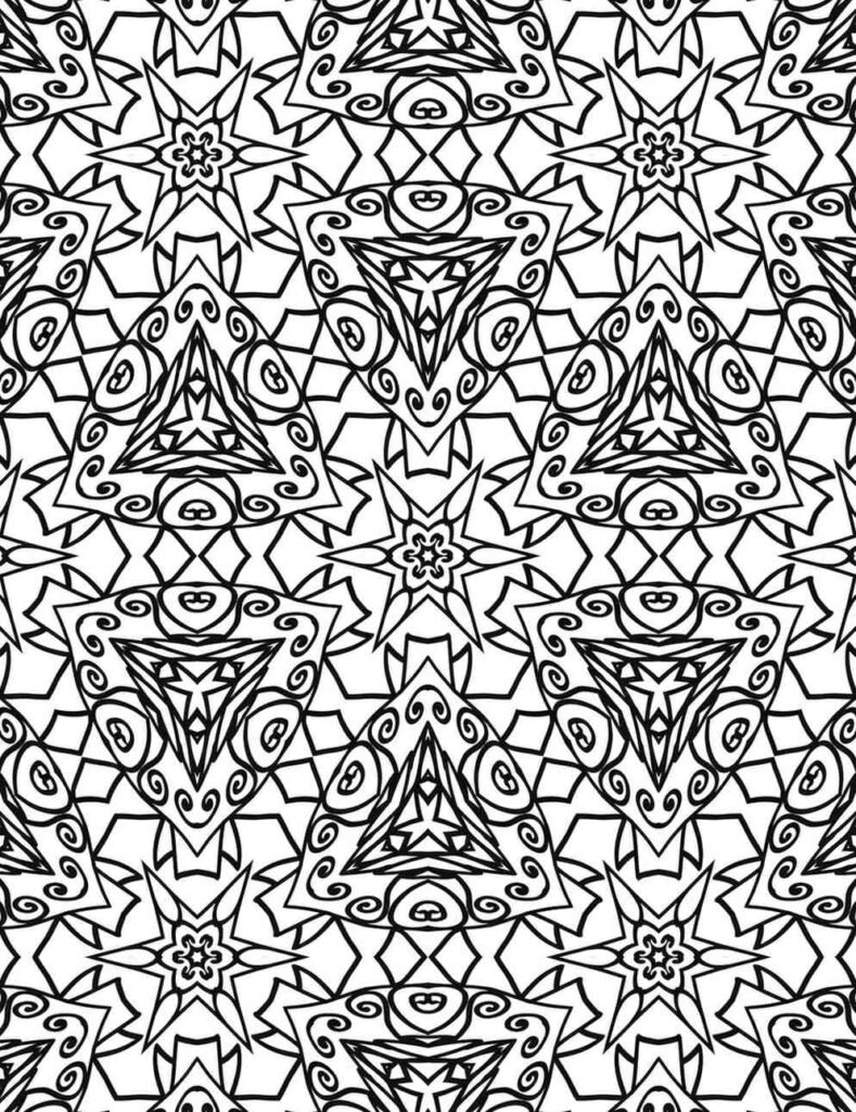 Black and white intricate starburst mandala with geometric patterns for coloring and meditation