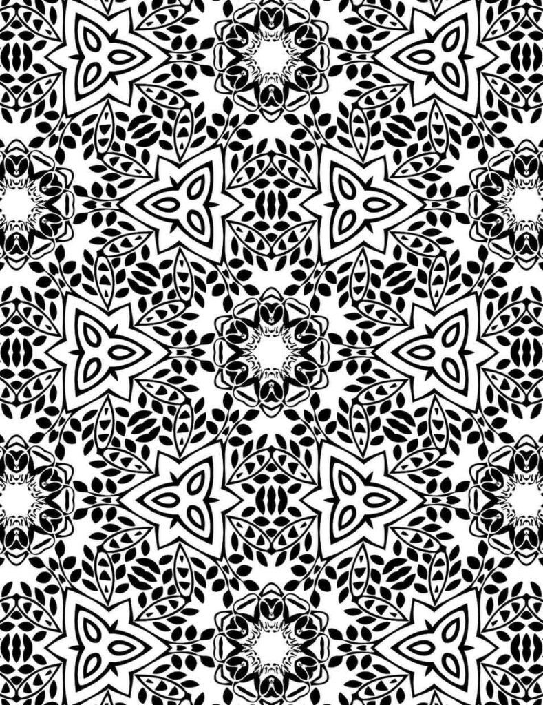 Detailed black and white mandala with starry floral shapes and leafy patterns for coloring and meditation