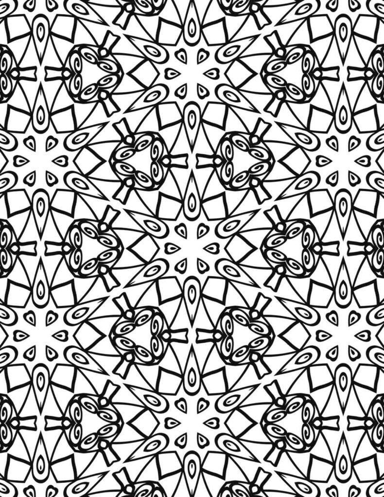 Black and white jagged heart mandala with star centers and swirling tendrils for coloring and meditation
