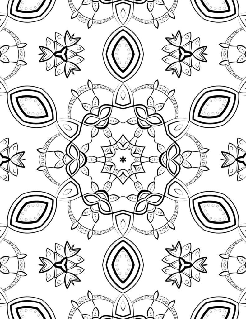 Intricate black-and-white jewel petal mandala with star center and floral patterns for coloring and meditation