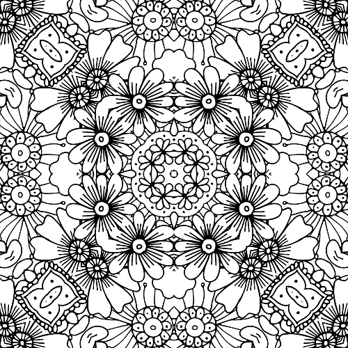 Mandala design featuring large, open floral patterns and symmetrical botanical motifs, ideal for relaxing coloring and mindfulness.