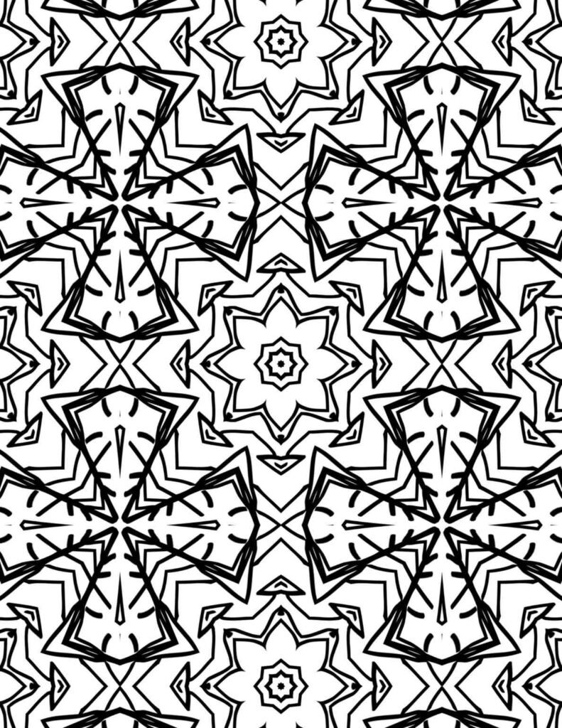 Free printable kaleidoscope dream mandala coloring page with dynamic geometric patterns, star shapes, and flowing lines for adult mindfulness and creative art therapy.