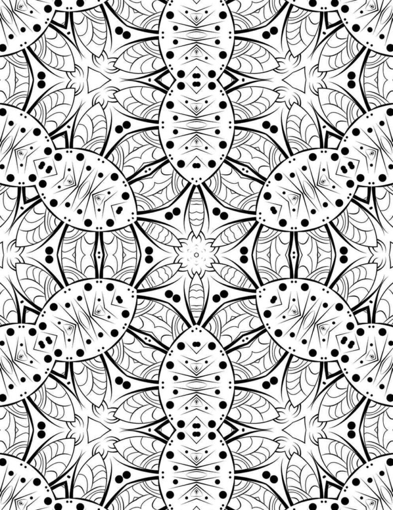 Intricate black-and-white Kaleidoscope Petal Mandala with oval patterns and star-shaped center for coloring and meditation
