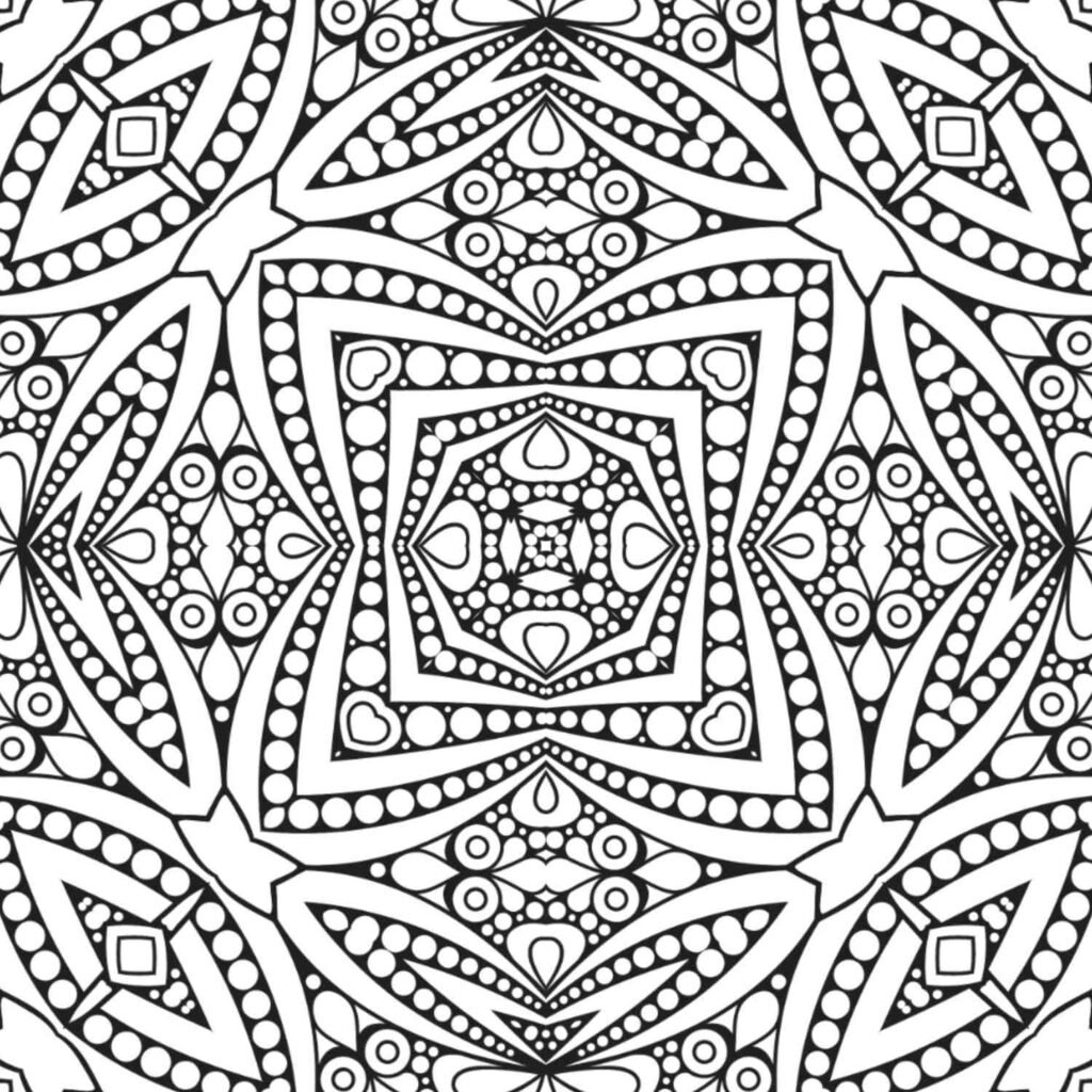 Detailed diamond-shaped mandala with heart motifs and dotted patterns for coloring and mindfulness
