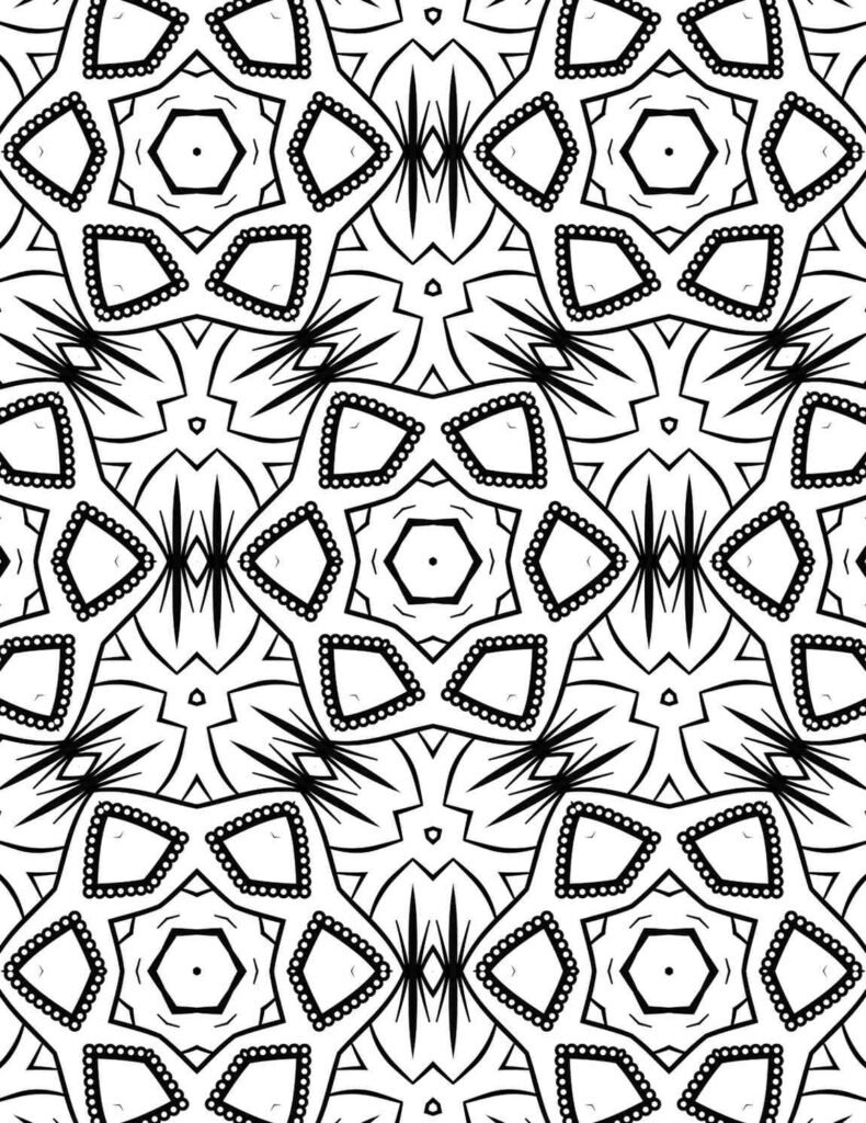 Kaleidoscopic hex mandala with diamond petals and spiky lines for coloring and meditation