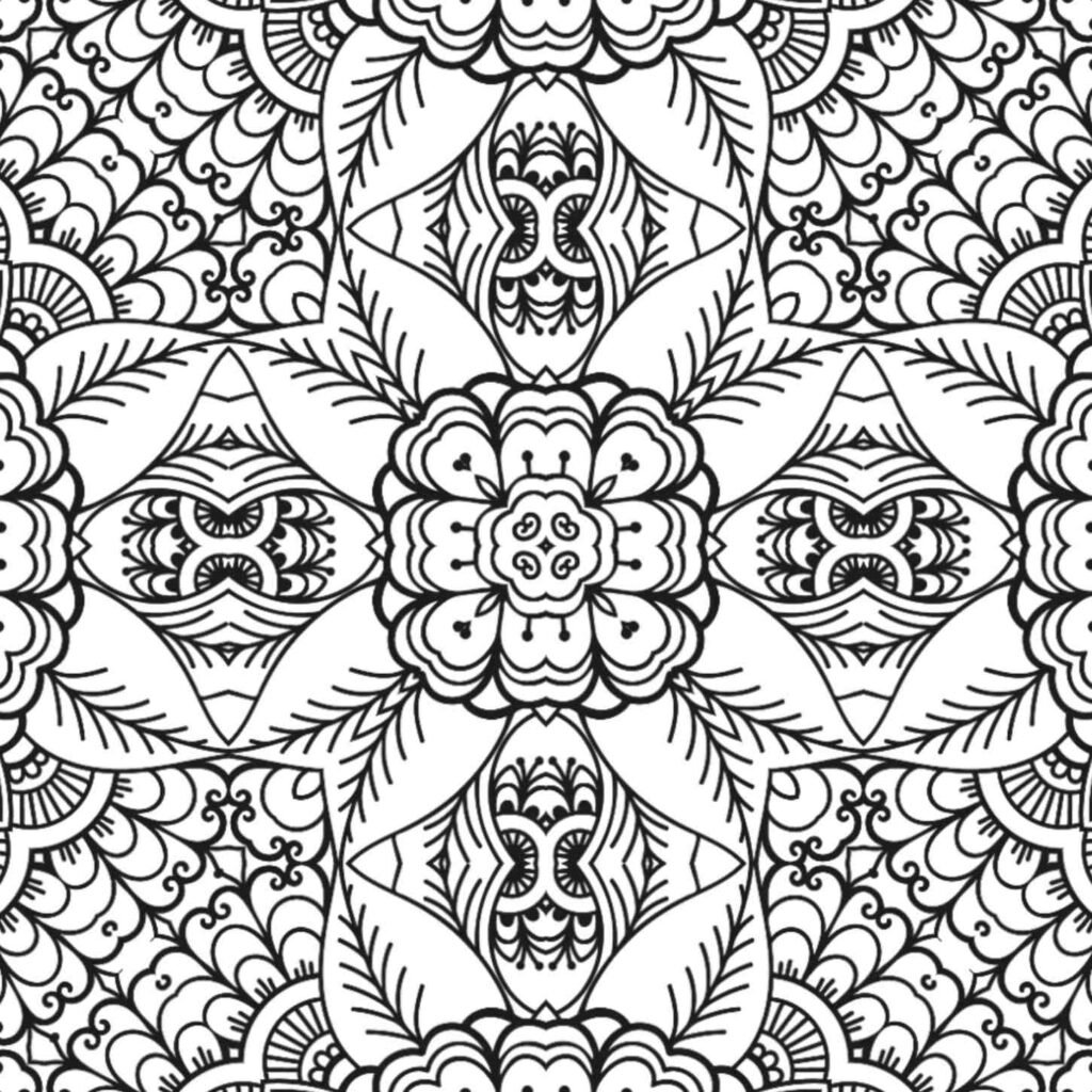 Intricate mandala with floral center and lace-like patterns for coloring and meditation