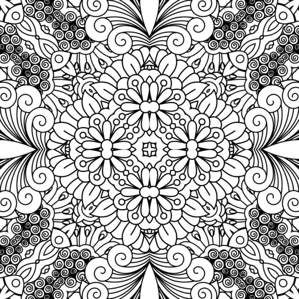 Highly intricate floral mandala coloring page with layered petal patterns, swirls, and decorative elements.