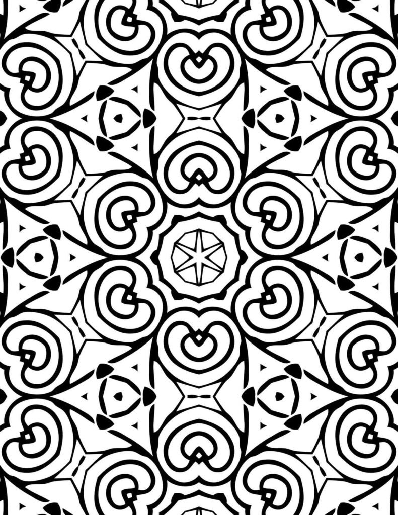 Black and white mandala pattern with repeating concentric heart shapes, triangular symmetry, and a starburst center ideal for coloring.