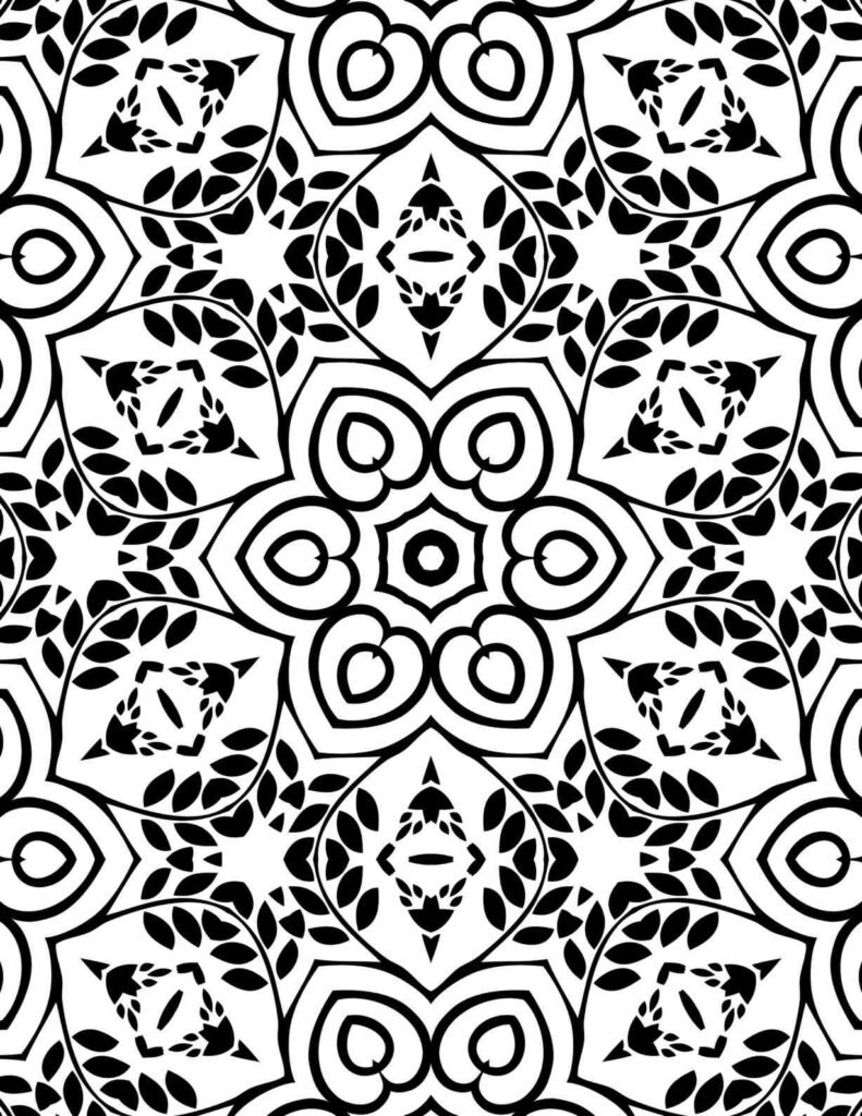Symmetrical mandala with heart shapes, leaf clusters, and geometric petal patterns in black and white