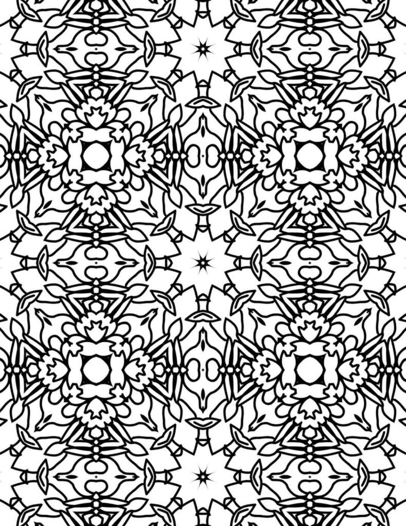 Intricate black and white leaf lattice mandala design with floral symmetry, perfect for coloring or meditative art projects.