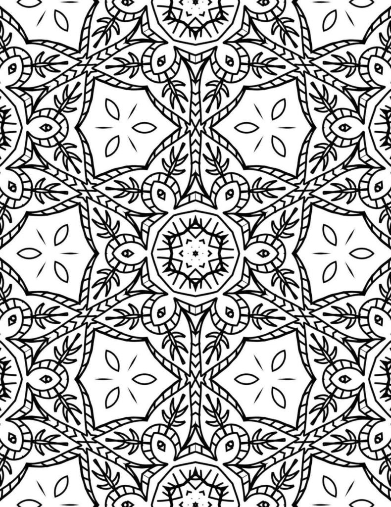 Intricate mandala with starburst centers, leaf vine patterns, and symmetrical floral motifs in black and white